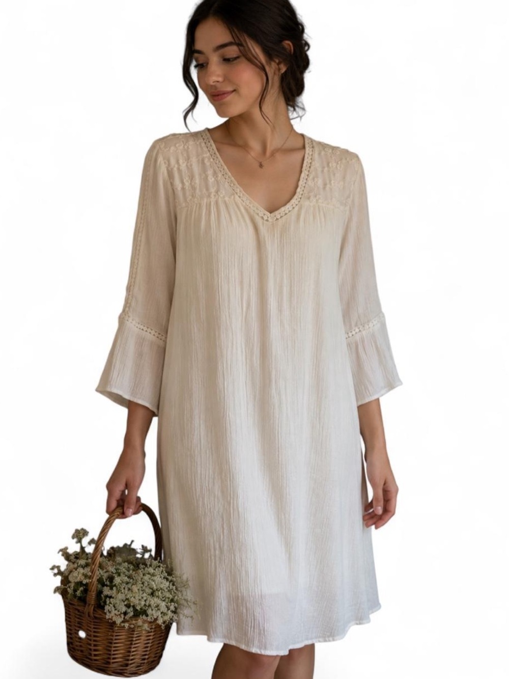 Indigo Rose White Tunic Textured V-Neck Boho Dress Size Medium